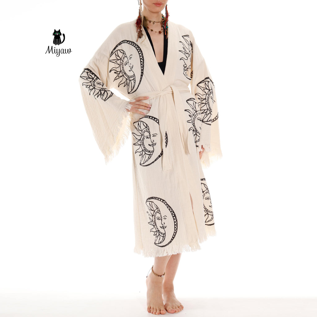 Sun and Moon Lightweight Cotton Kimono Robe for Women