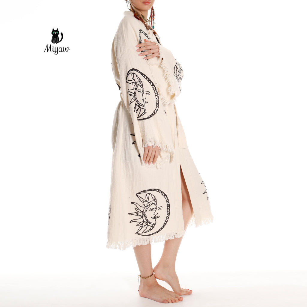 Sun and Moon Lightweight Cotton Kimono Robe for Women