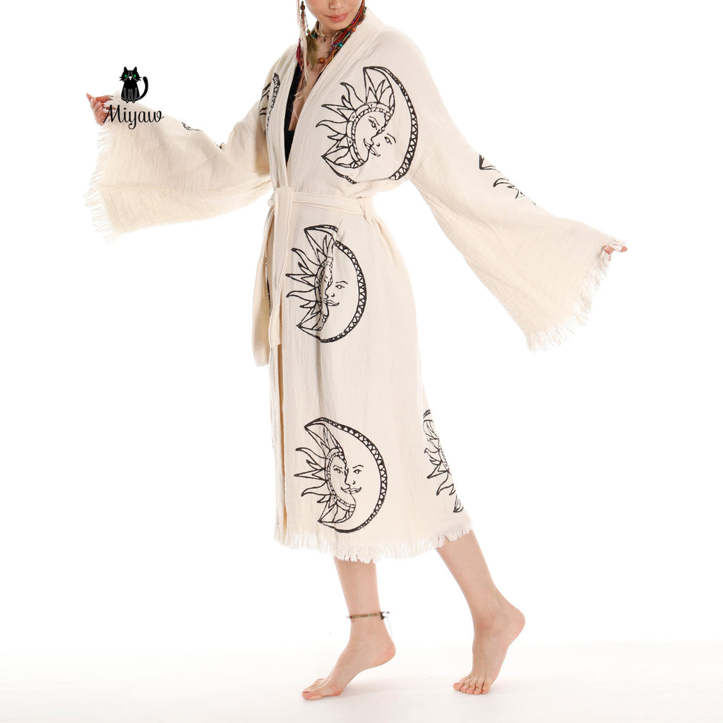 Sun and Moon Lightweight Cotton Kimono Robe for Women