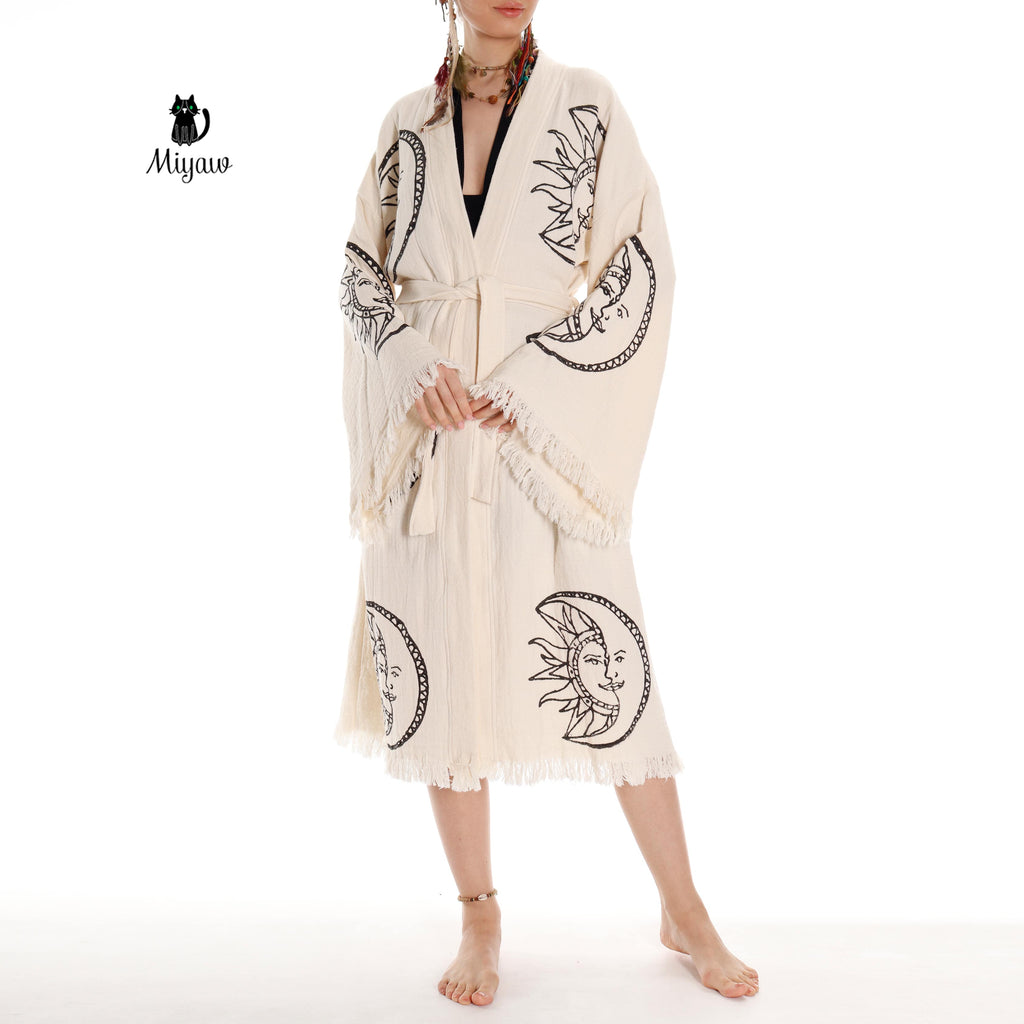 Sun and Moon Lightweight Cotton Kimono Robe for Women
