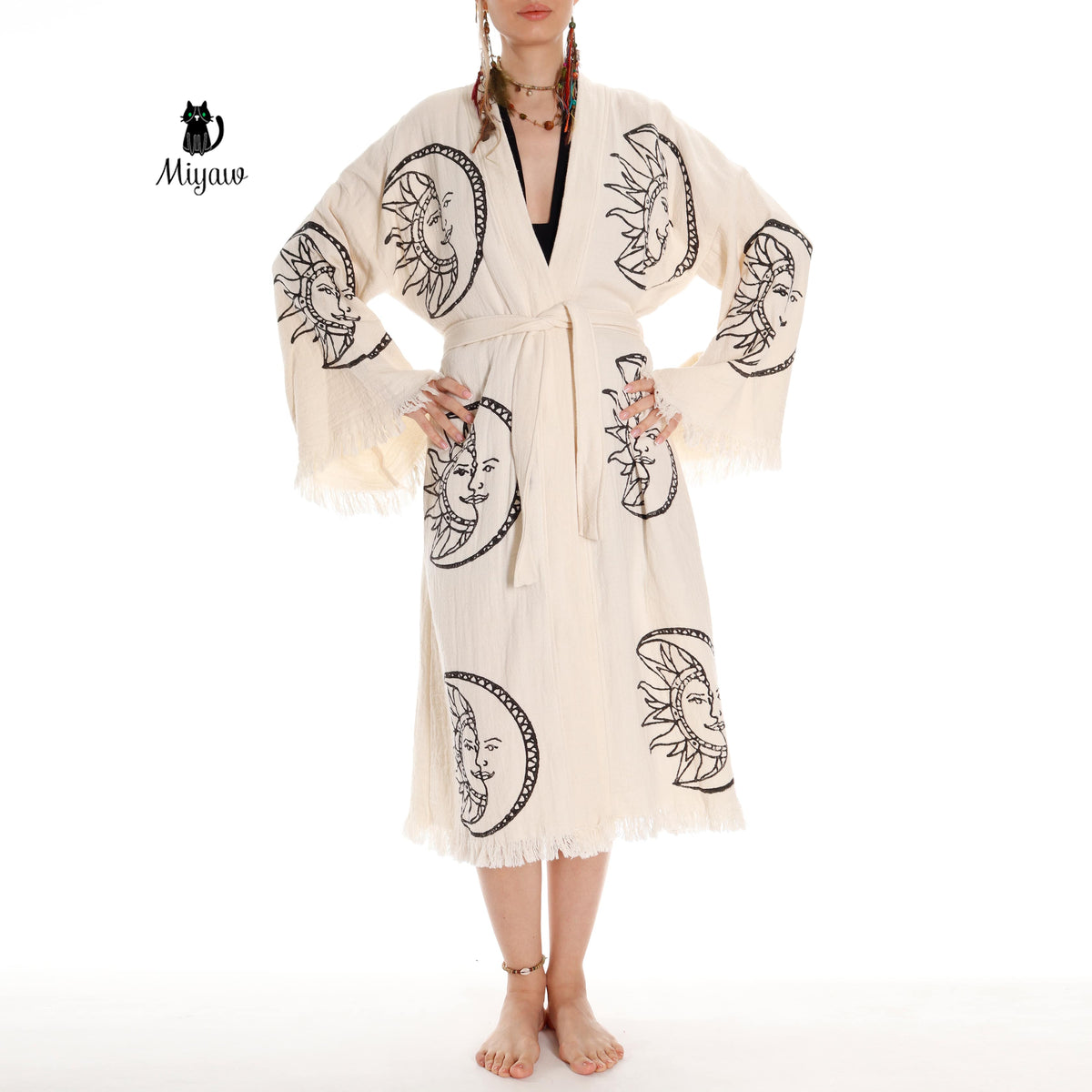 Sun and Moon Lightweight Cotton Kimono Robe for Women