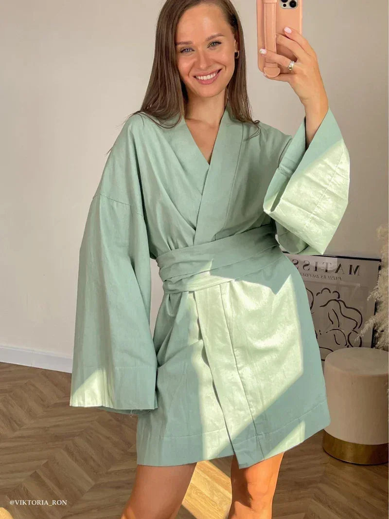 Women's V-Neck Kimono Cardigan Mini Dress Cotton Linen Long Sleeve Sashes Dresses Robe Style Lace Up Summer Loose Vestidos