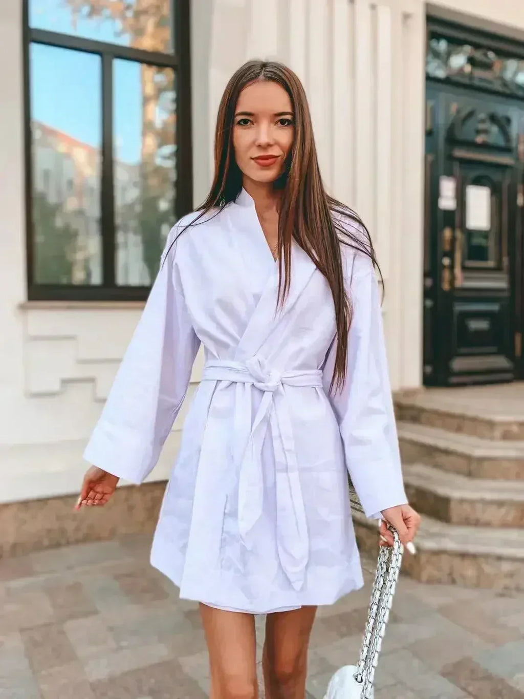 Women's V-Neck Kimono Cardigan Mini Dress Cotton Linen Long Sleeve Sashes Dresses Robe Style Lace Up Summer Loose Vestidos