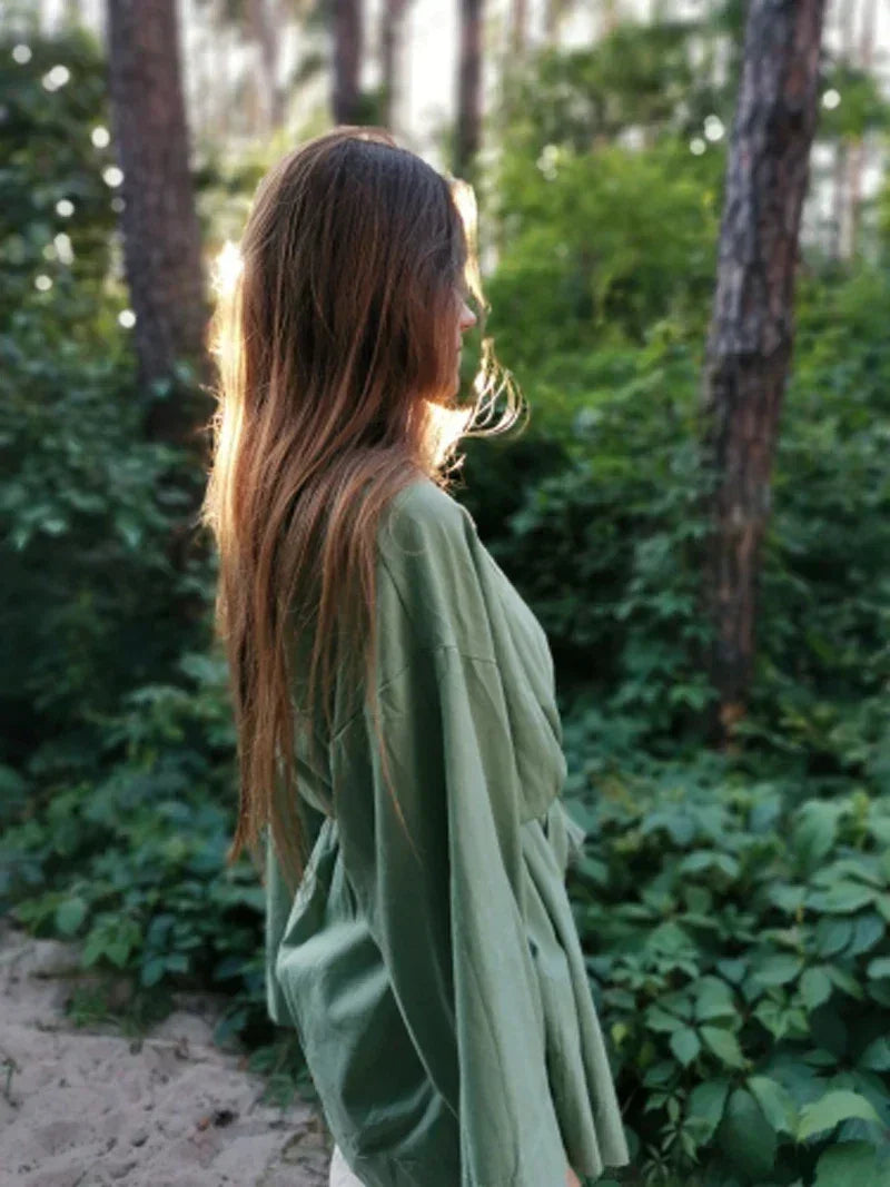 Women's V-Neck Kimono Cardigan Mini Dress Cotton Linen Long Sleeve Sashes Dresses Robe Style Lace Up Summer Loose Vestidos