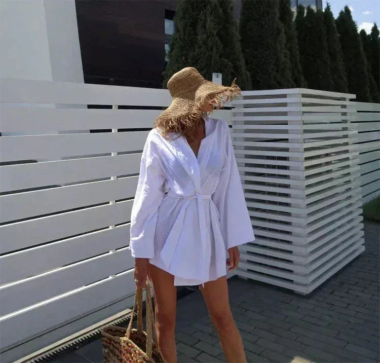 Women's V-Neck Kimono Cardigan Mini Dress Cotton Linen Long Sleeve Sashes Dresses Robe Style Lace Up Summer Loose Vestidos