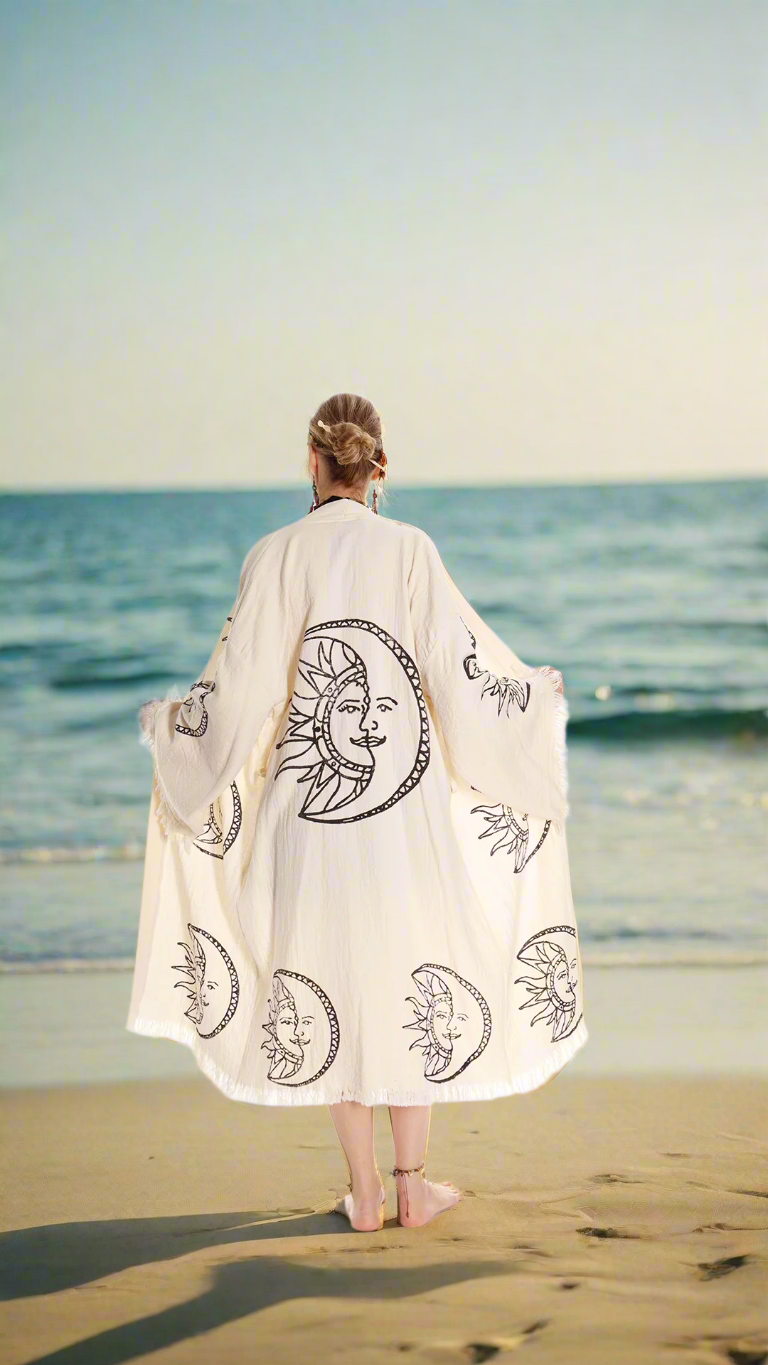 Sun and Moon Lightweight Cotton Kimono Robe for Women